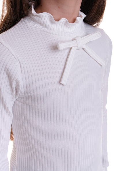 KERENZA – Bluza din bumbac cu guler ondulat si fundita decorativa, alb